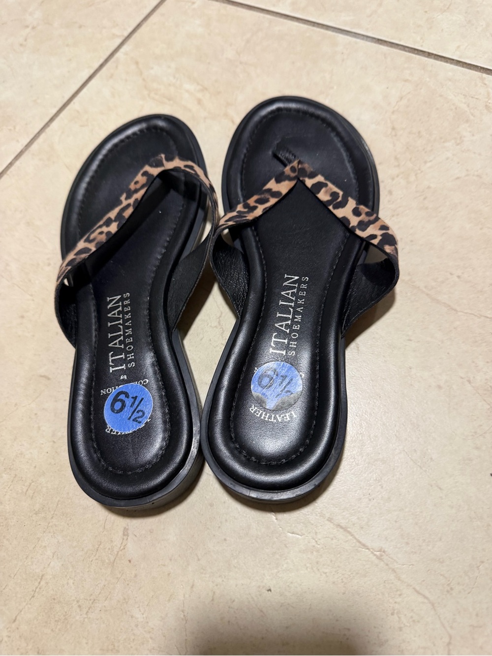 Italian Shoemakers Black Sandals with Leopard-Print Strap